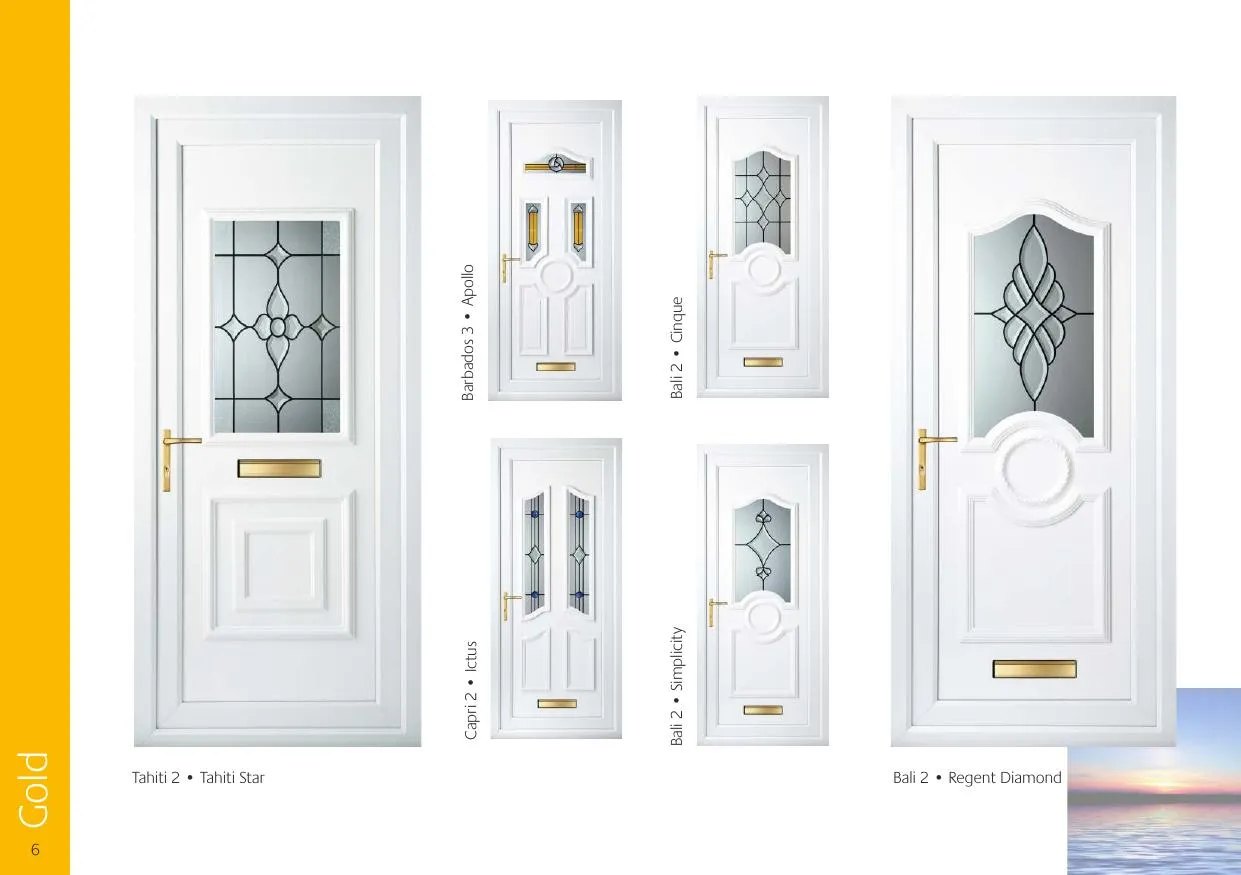 Gold grade decorative door glass — Tahiti 2 Tahiti Star, Barbados 3 Apollo, Bali 2 Cinque, Capri 2 Ictus, Bali 2 Simplicity, Bali 2 Regent Diamond
