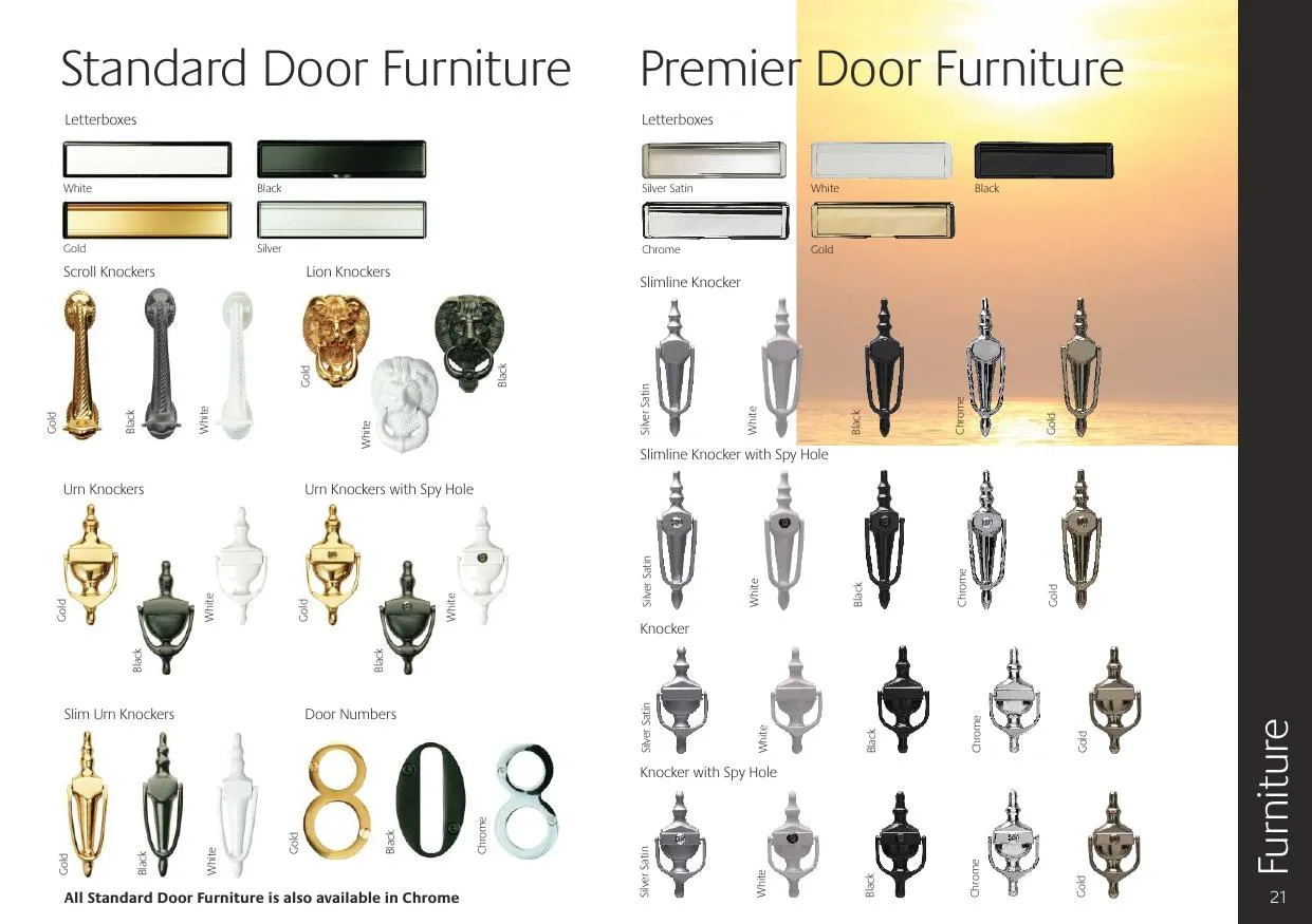 Standard and Premier Door Furniture ranges — letterboxes, scroll knockers, lion knockers, slimline knockers, urn knockers, urn knockers with spy hole, slim urn knockers, door numbers, and knockers with spy hole, available in White, Black, Gold, Silver Satin and Chrome