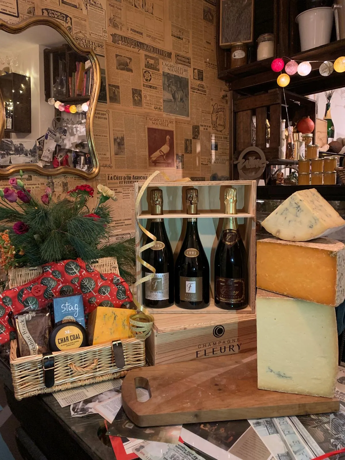 Pop-up event in a wine shop with artisanal cheese and wine display