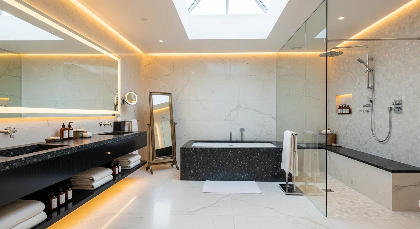 a beautiful luxury bathroom with stone surfaces