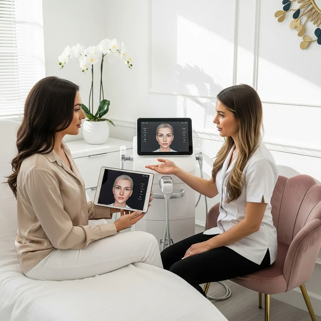 a professional preparing for aesthetic treatment, luxury, light medical setting