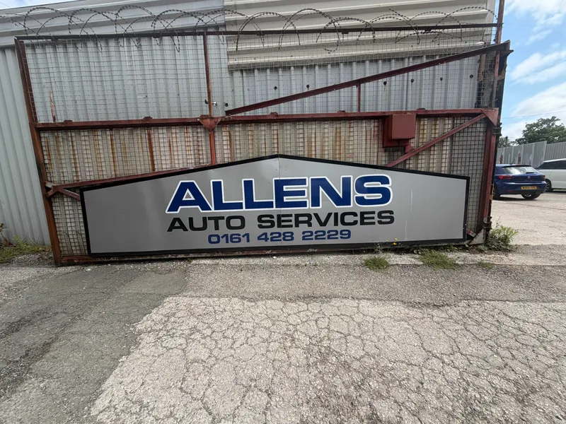 MOT in Cheadle — Allens Auto Services gate sign at the garage in Cheadle Heath