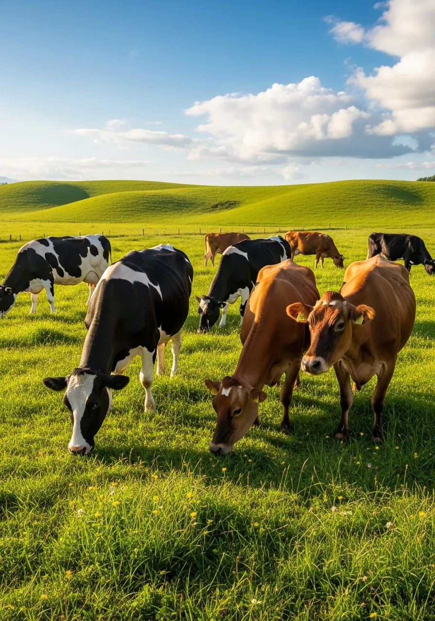 an image of happy milk cows in a grass field