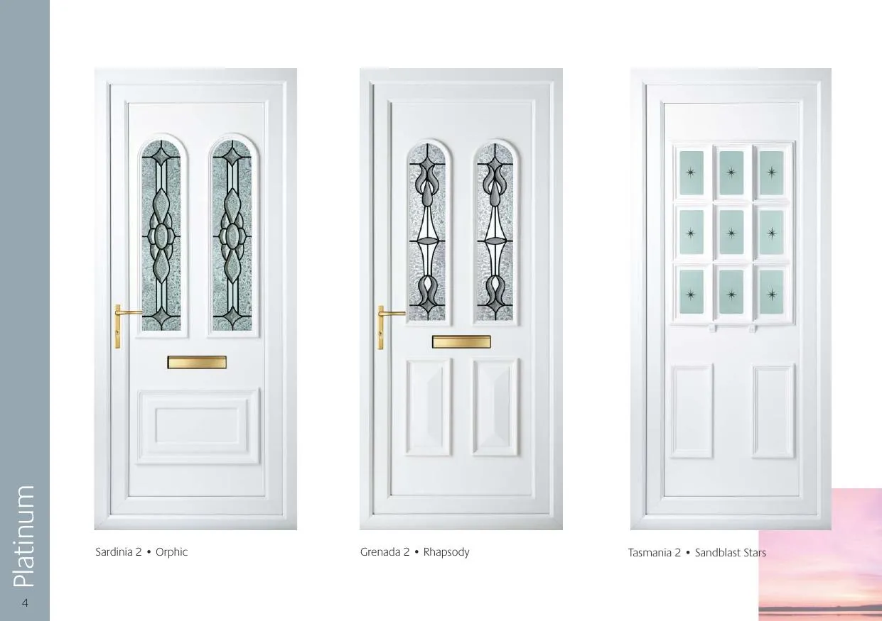 Platinum grade decorative door glass — Sardinia 2 with Orphic, Grenada 2 with Rhapsody, Tasmania 2 with Sandblast Stars