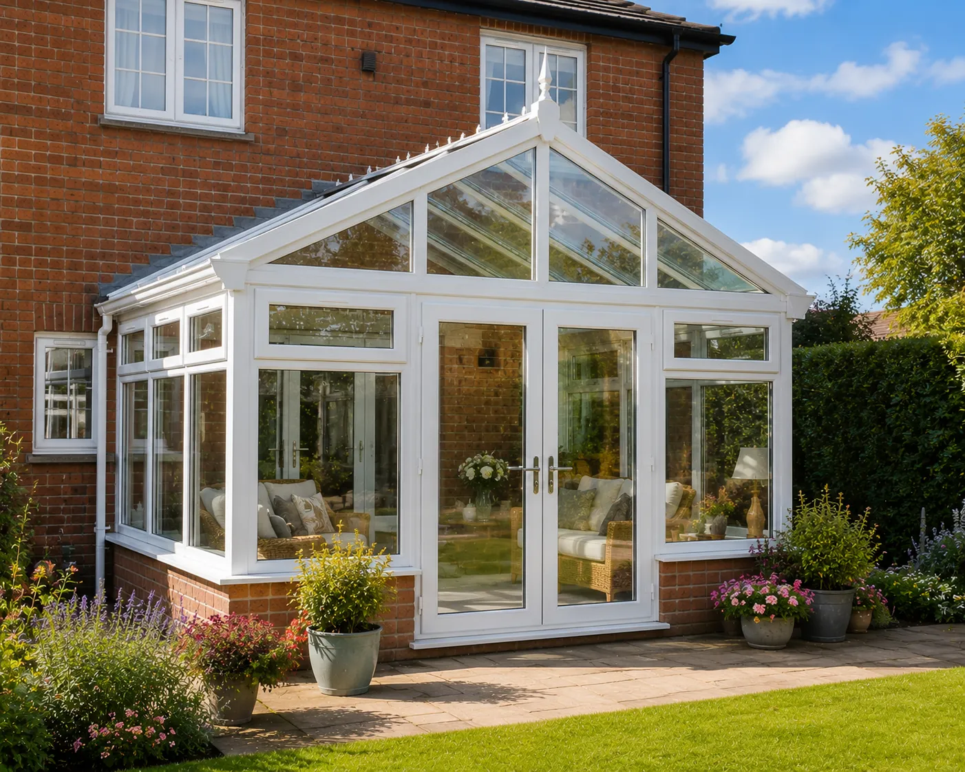 Gable conservatory installation with white uPVC frame — North West