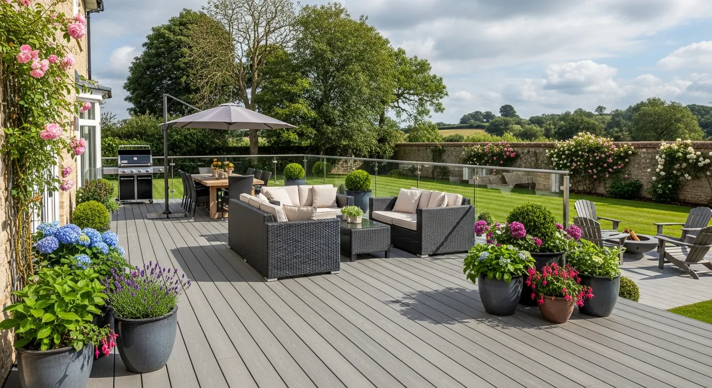 grey decking in a large house in the summer in england