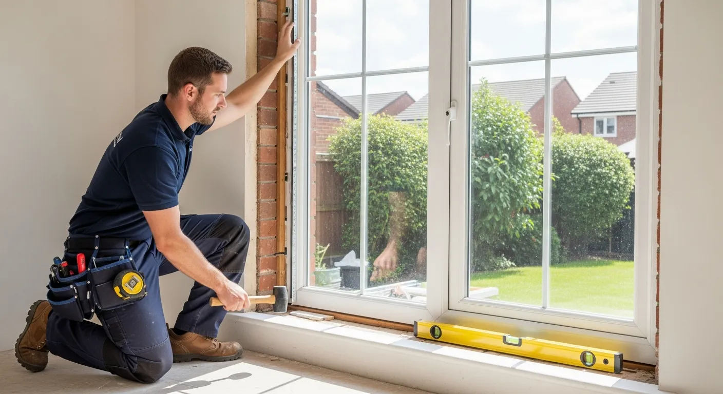 Professional window fitter carrying out misted glass repair in a UK home, wearing work uniform, bright day.