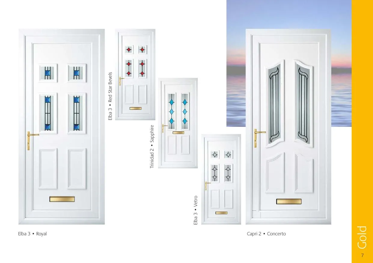 Gold grade decorative door glass — Elba 3 Royal, Elba 3 Red Star Bevels, Trinidad 2 Sapphire, Elba 3 Vetro, Capri 2 Concerto