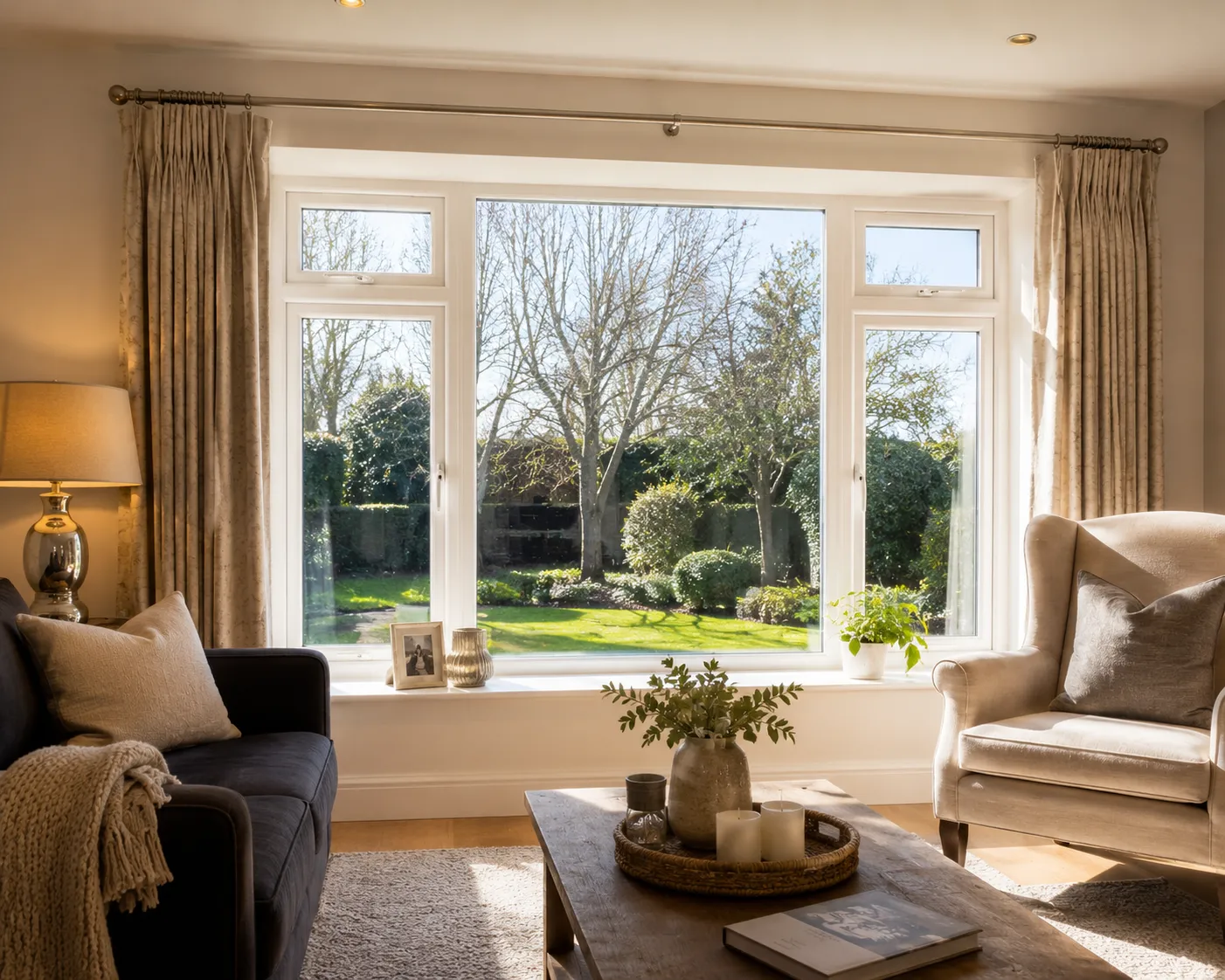 Bright living room with large bay window overlooking garden