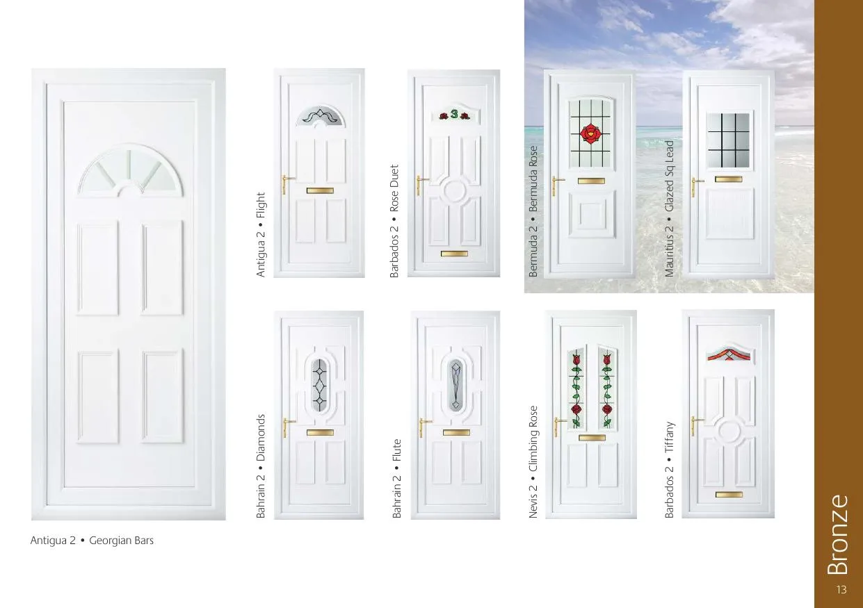 Bronze grade decorative door glass — Antigua 2 Georgian Bars, Antigua 2 Flight, Barbados 2 Rose Duet, Bahrain 2 Diamonds, Bahrain 2 Flute, Bermuda 2 Bermuda Rose, Mauritius 2 Glazed Sq Lead, Nevis 2 Climbing Rose, Barbados 2 Tiffany