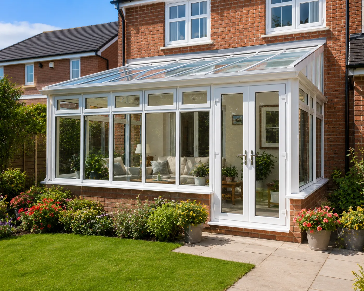 White-framed conservatory fitted to a red brick house — North West