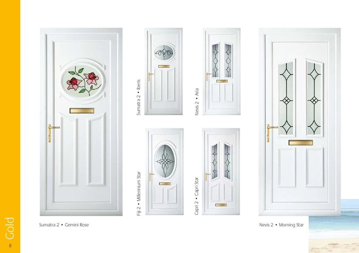 Gold grade decorative door glass — Sumatra 2 Gemini Rose, Fiji 2 Millennium Star, Sumatra 2 Iberis, Capri 2 Capri Star, Nevis 2 Aria, Nevis 2 Morning Star
