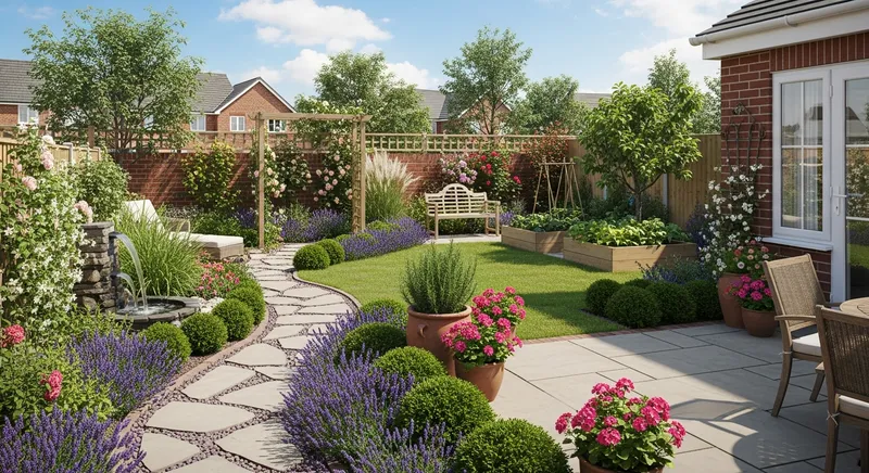 Expansive garden redesign with striped lawn and curved ornamental planting borders