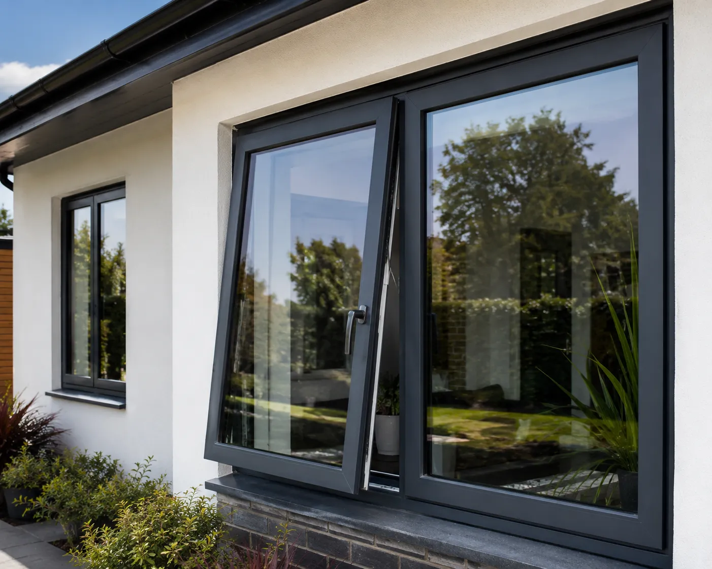 Anthracite grey tilt and turn window on white rendered house