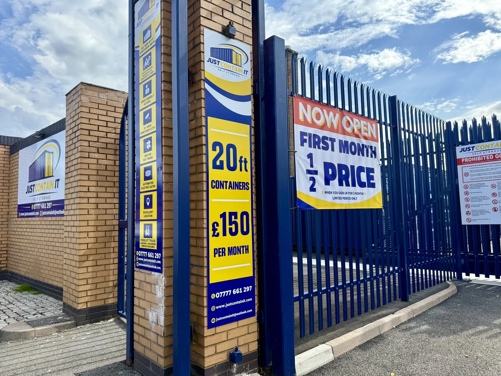Just Contain It storage facility entrance and signage in Birkenhead