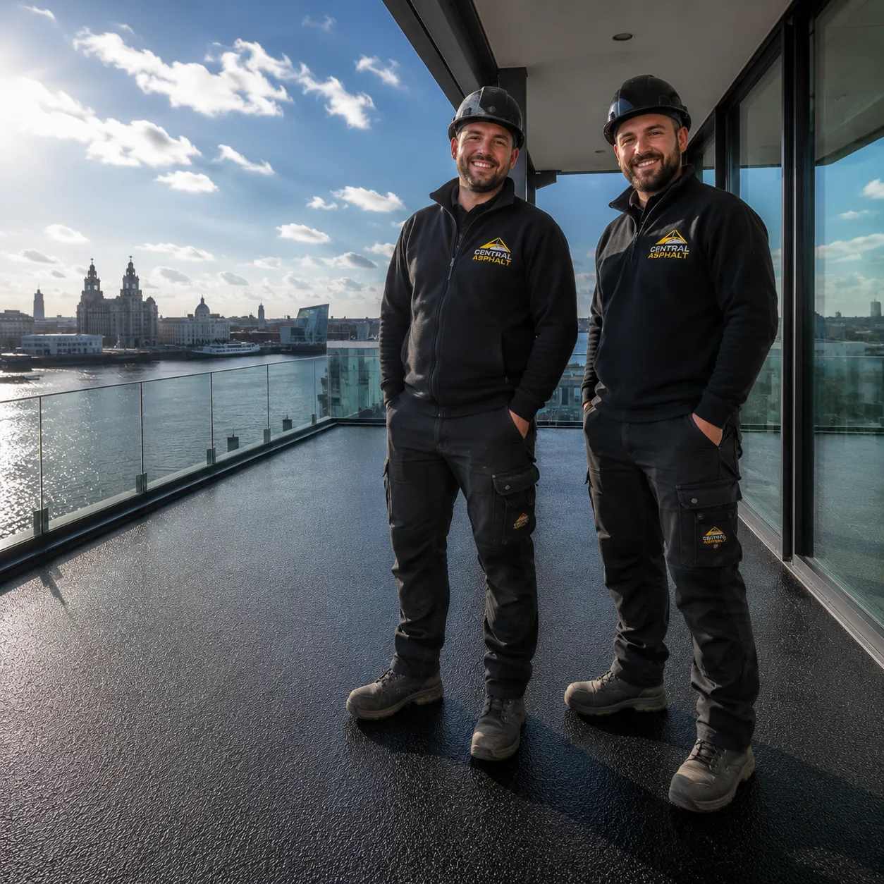 Asphalt roofing Wirral — Central Asphalt team beside the River Mersey