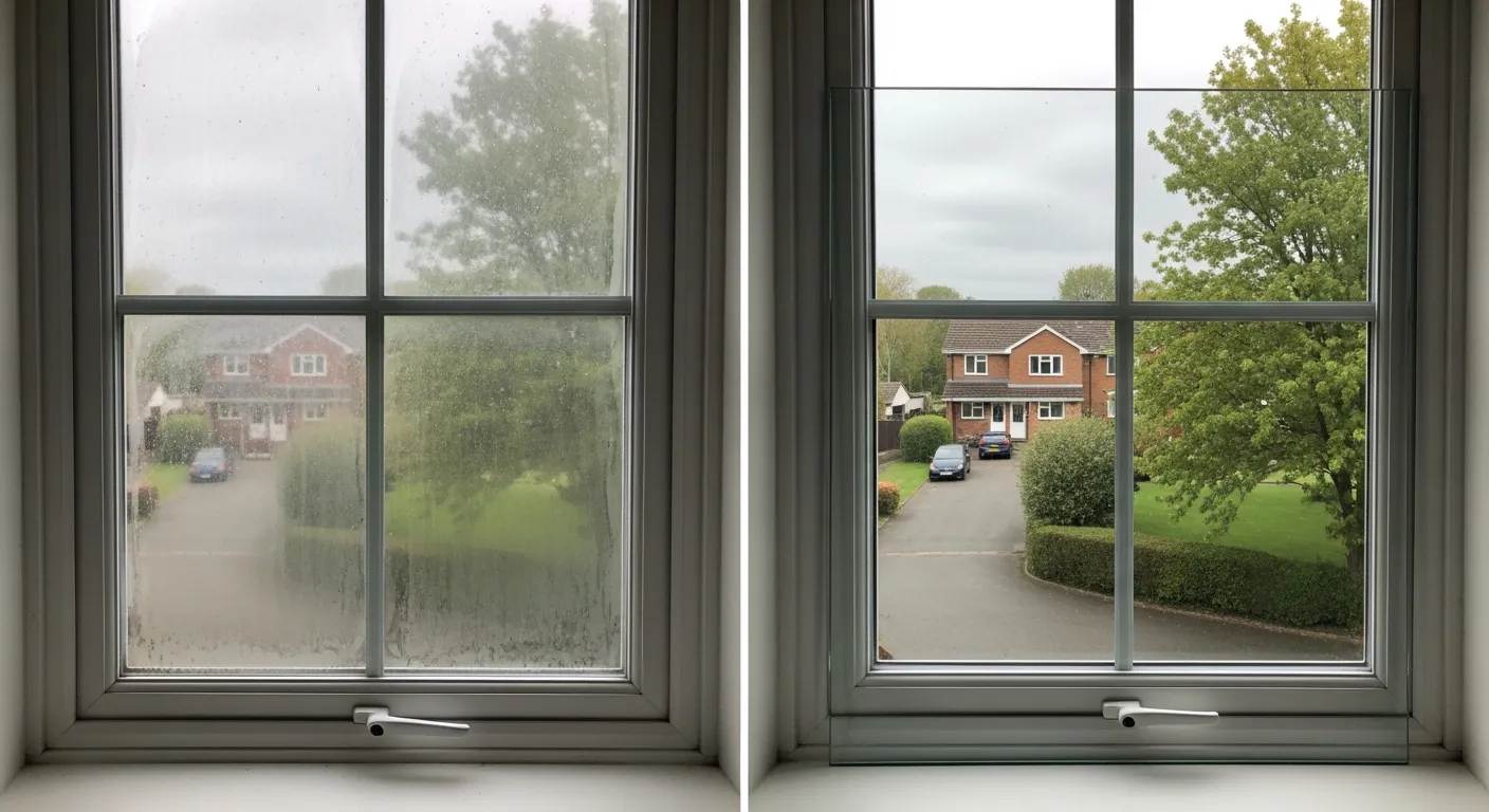 Before and after misted glass repair — failed sealed unit replaced with crystal clear double glazing