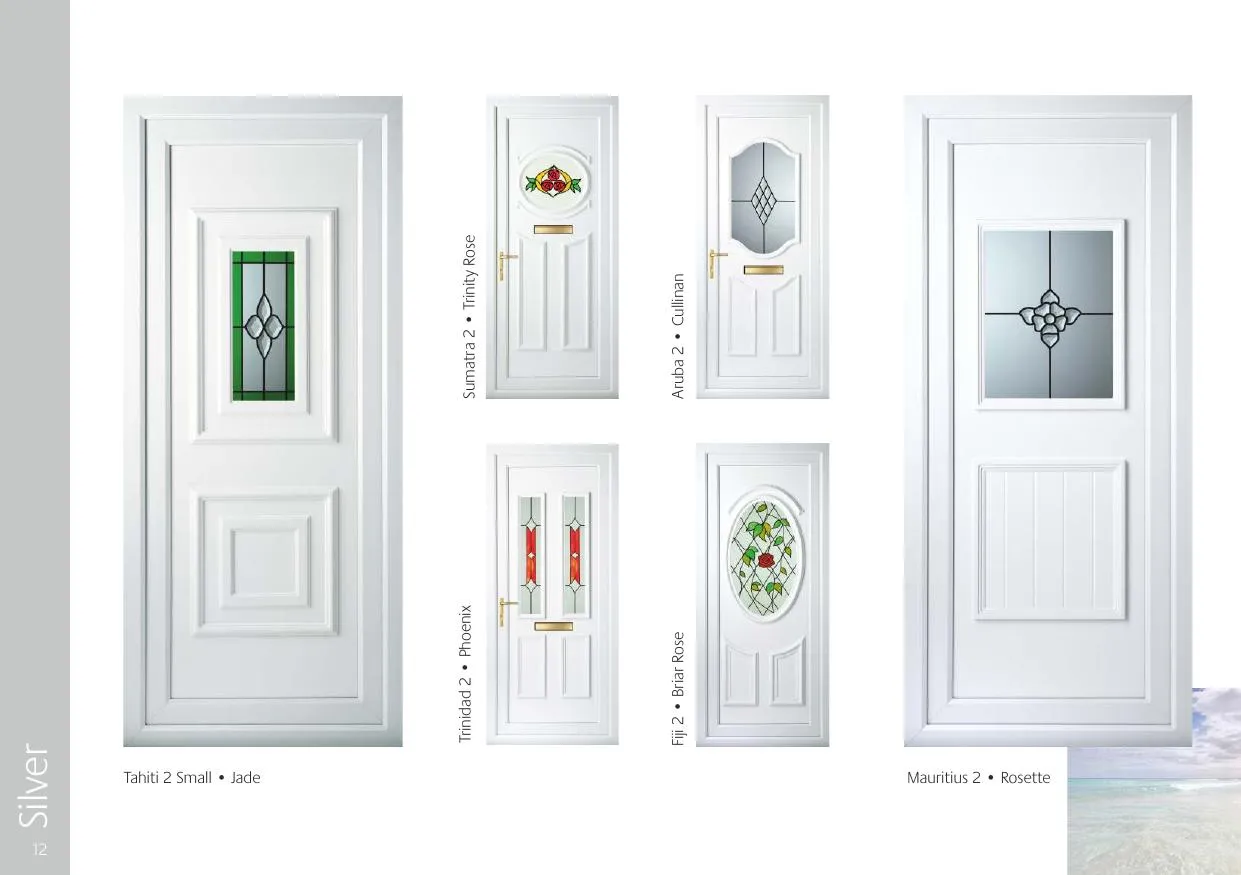 Silver grade decorative door glass — Tahiti 2 Small Jade, Sumatra 2 Trinity Rose, Aruba 2 Cullinan, Trinidad 2 Phoenix, Fiji 2 Briar Rose, Mauritius 2 Rosette