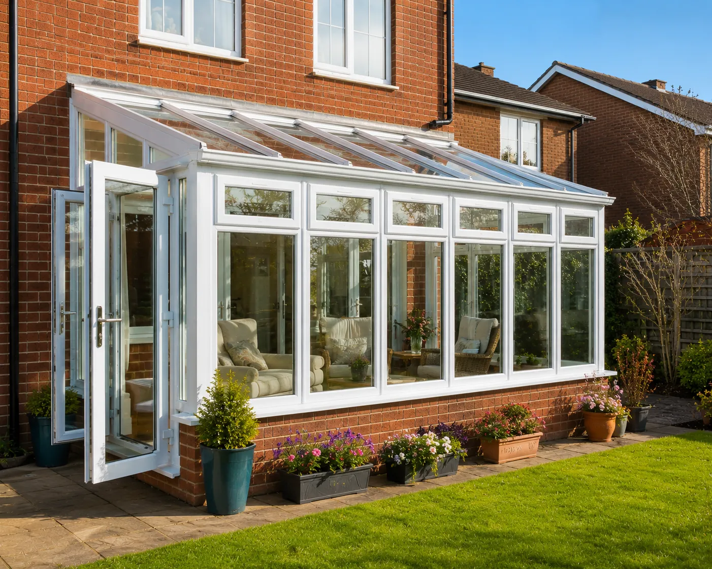 Lean-to conservatory installation with open doors in a garden — North West