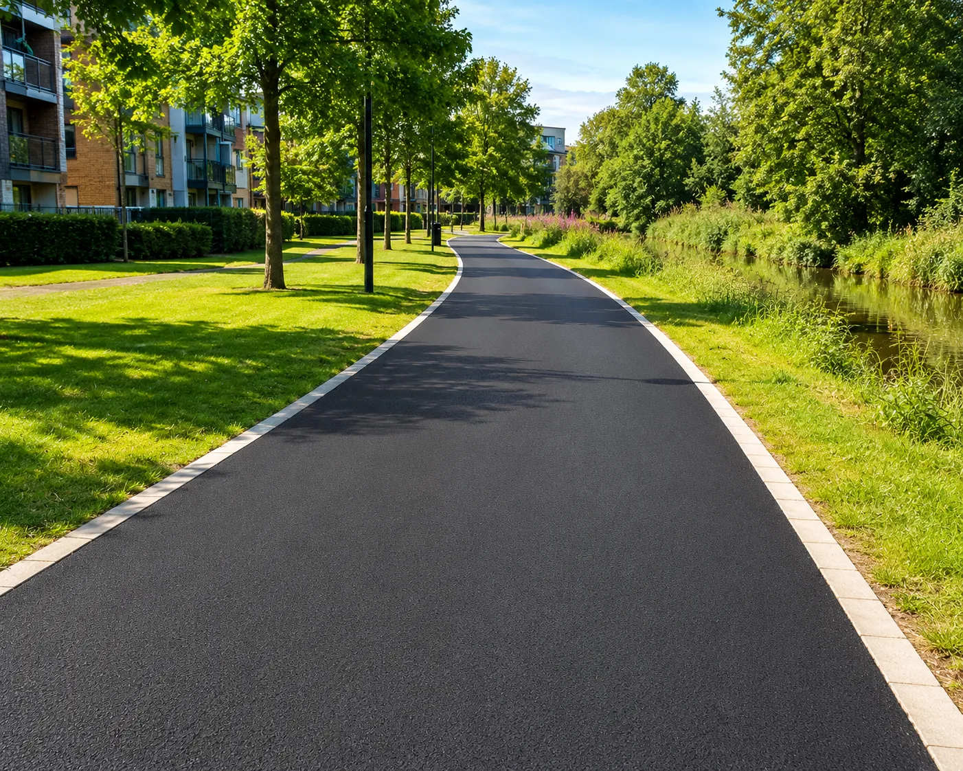 A straight asphalt path lined with tall trees and green grass, with buildings visible in the distance.