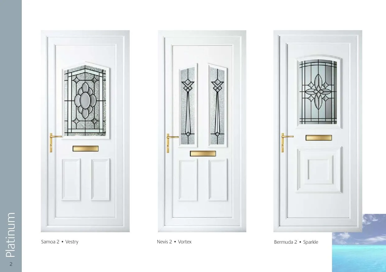 Platinum grade decorative door glass — Samoa 2 with Vestry, Nevis 2 with Vortex, Bermuda 2 with Sparkle