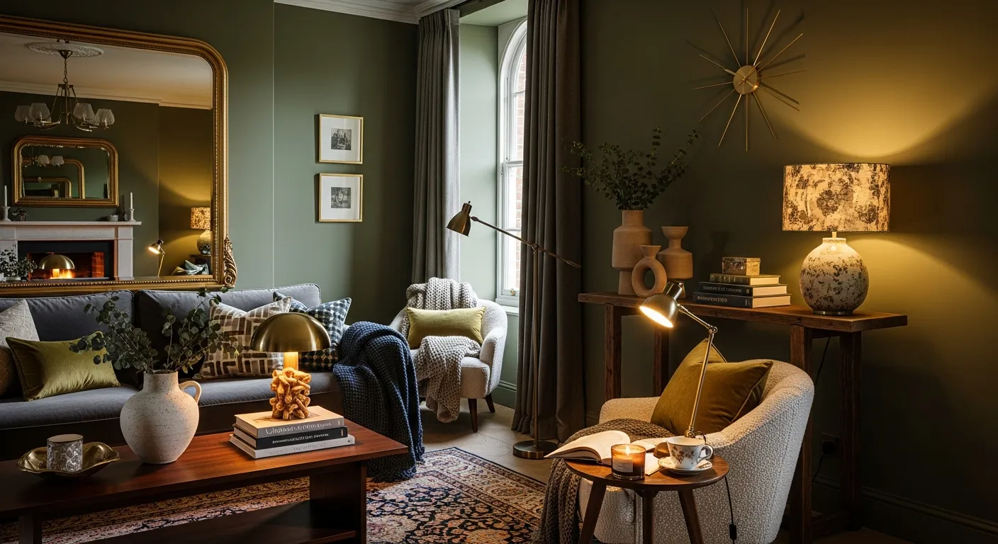 can you provide 11 images - based on thi =Create ultra-realistic luxury residential interiors inspired by a boutique homeware and interiors brand with deep moody green walls, warm ambient lighting, l