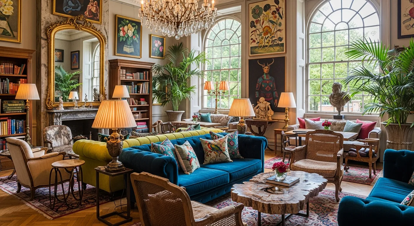 A styled alcove with a silver floor lamp casting warm light over shelves neatly stacked with a rich array of cushions and textiles in various patterns and colours, alongside bold orange-framed equestrian art prints