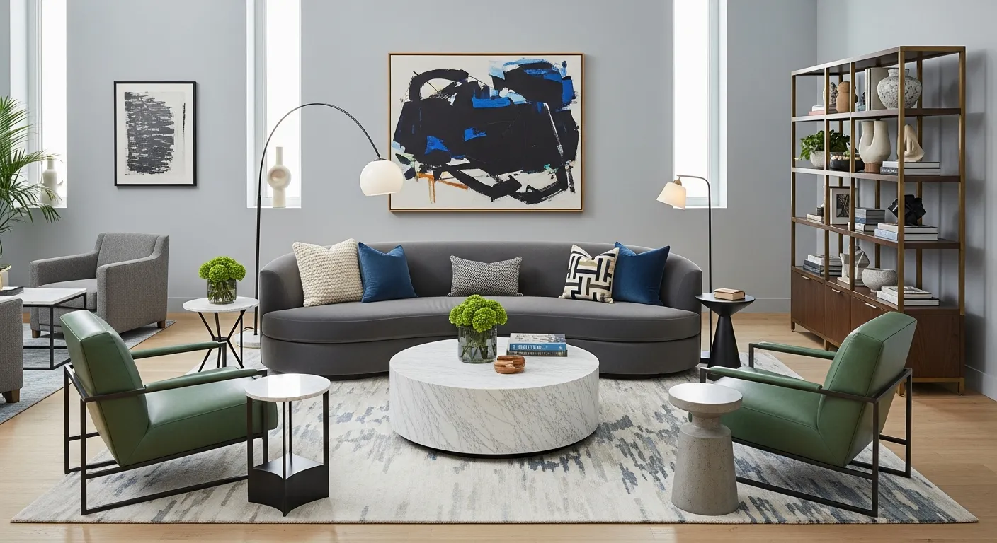 A sleek modern living space with a curved grey sofa, blue and white cushions, and a round marble coffee table