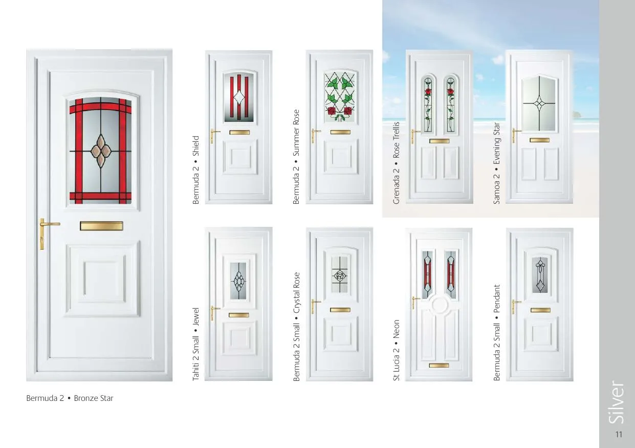Silver grade decorative door glass — Bermuda 2 Bronze Star, Bermuda 2 Shield, Bermuda 2 Summer Rose, Grenada 2 Rose Trellis, Samoa 2 Evening Star, Tahiti 2 Small Jewel, Bermuda 2 Small Crystal Rose, St Lucia 2 Neon, Bermuda 2 Small Pendant