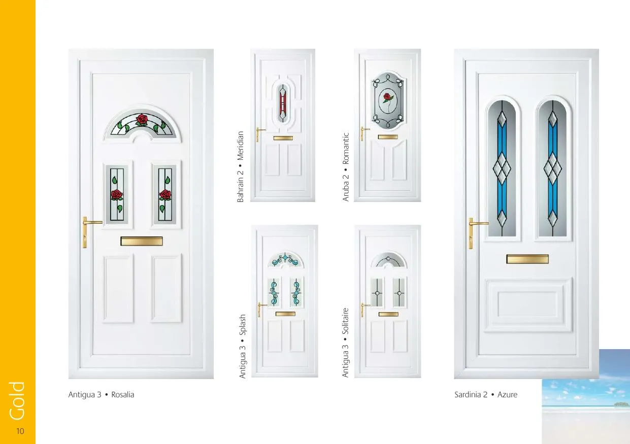 Gold grade decorative door glass — Antigua 3 Rosalia, Bahrain 2 Meridian, Aruba 2 Romantic, Antigua 3 Splash, Antigua 3 Solitaire, Sardinia 2 Azure